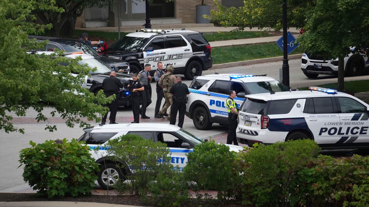 Police gather at the Villanova University campus where an active shooter was reported on August 21.