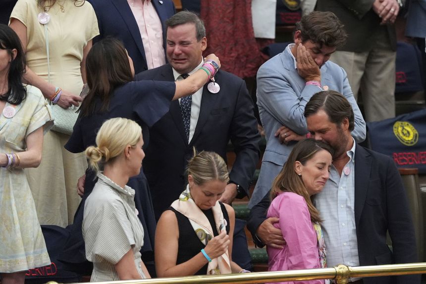 Parents and family of the girls lost to the recent floods at Camp Mystic in Kerr County react after Senate Bill 1 passed the Senate at the Texas Capitol on August 21 in Austin.