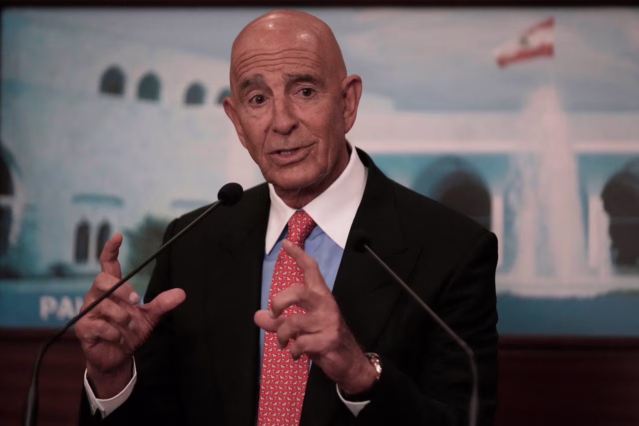Tom Barrack, US ambassador to Turkey and special envoy to Syria, speaks during a news conference at the presidential palace in Baabda, east of Beirut, Lebanon, on August 26.