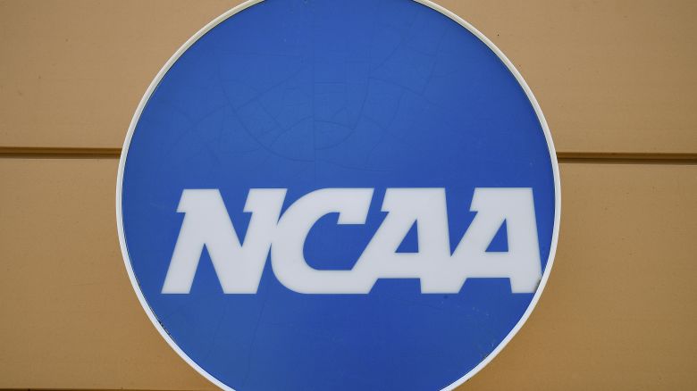 The NCAA logo is seen outside its national office in Indianapolis in June.