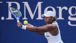 Taylor Townsend, of the United States, returns a shot against Barbora Krejcikova, of the Czech Republic, during the fourth round of the U.S. Open tennis championships in New York City on August 31, 2025.