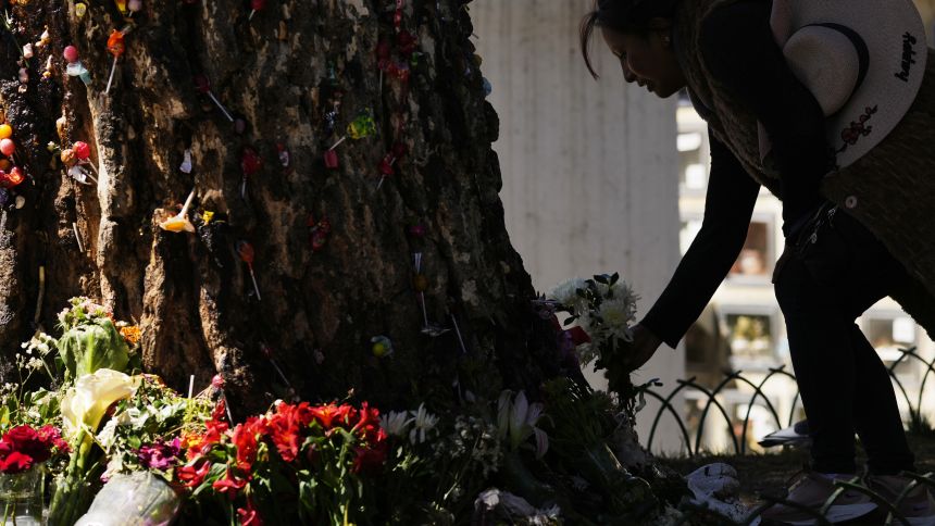A woman leaves flowers at a tree that was struck by lightning years ago and has since been considered sacred, at the General Cemetery in La Paz, Bolivia, Sunday, Aug. 31, 2025. (AP Photo/Juan Karita)