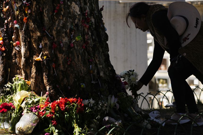 On Sunday, August 31, 2025, at the General Cemetery in La Paz, Bolivia, the woman left flowers on a tree struck by lightning several years ago and has been considered sacred ever since.