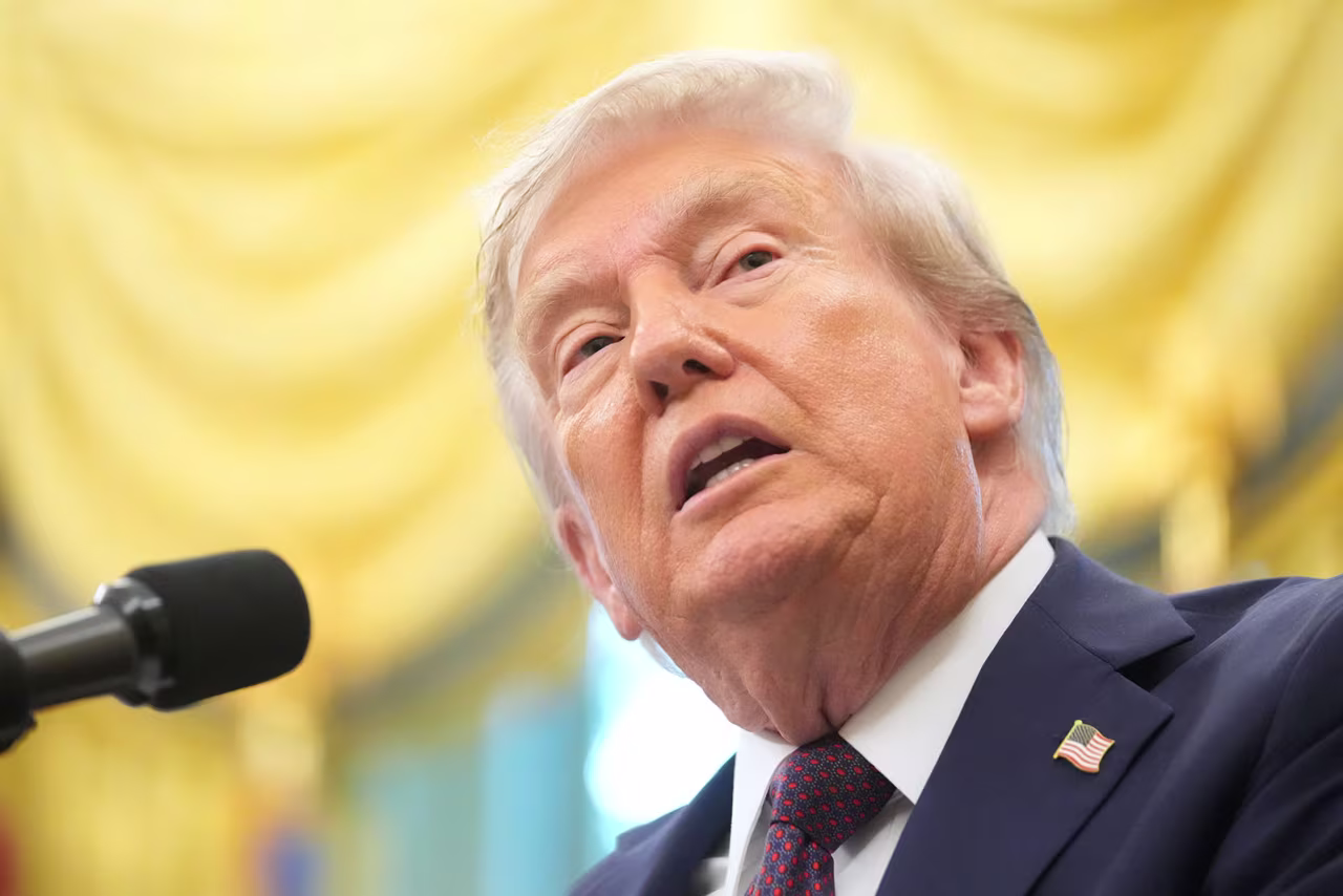 President Donald Trump speaks during an event about the relocation of US Space Command headquarters from Colorado to Alabama in the Oval Office of the White House, Tuesday.