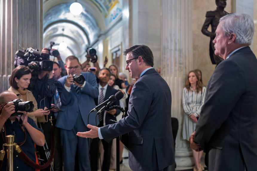 Speaker of the House Mike Johnson talks to reporters after a closed-door meeting with Jeffrey Epstein abuse victims at the US Capitol on Tuesday.
