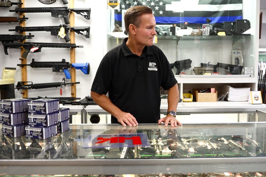 Frontiersman Sports owner Kory Krause recounts Robin Westman's visit to his store during an interview, on September 4 in St. Louis Park, Minnesota.