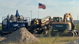 An American flag flies above a piece of heavy machinery at the site of Hyundai Motor Group's electric vehicle plant in Ellabell, Georgia, on September 5, 2025.
