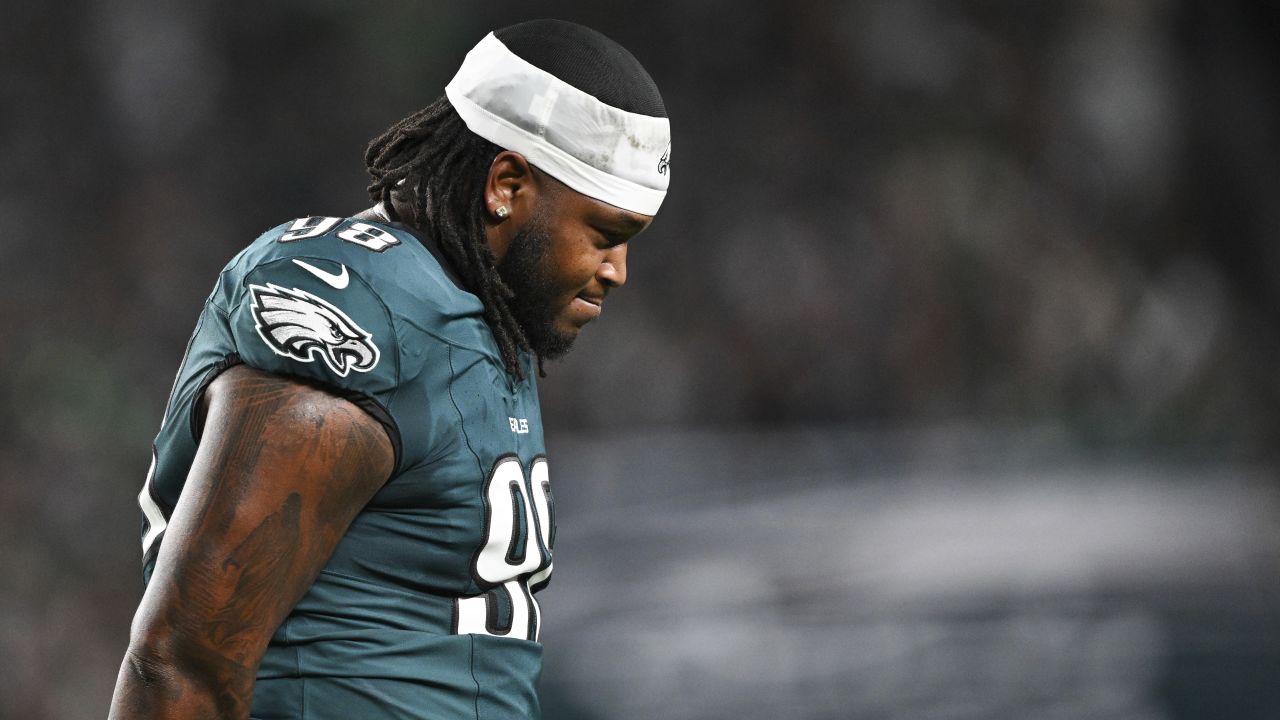 Jalen Carter of the Philadelphia Eagles walks off the field after being ejected from the game during the first half of an NFL football game against the Dallas Cowboys on September 4, 2025, in Philadelphia, Pennsylvania