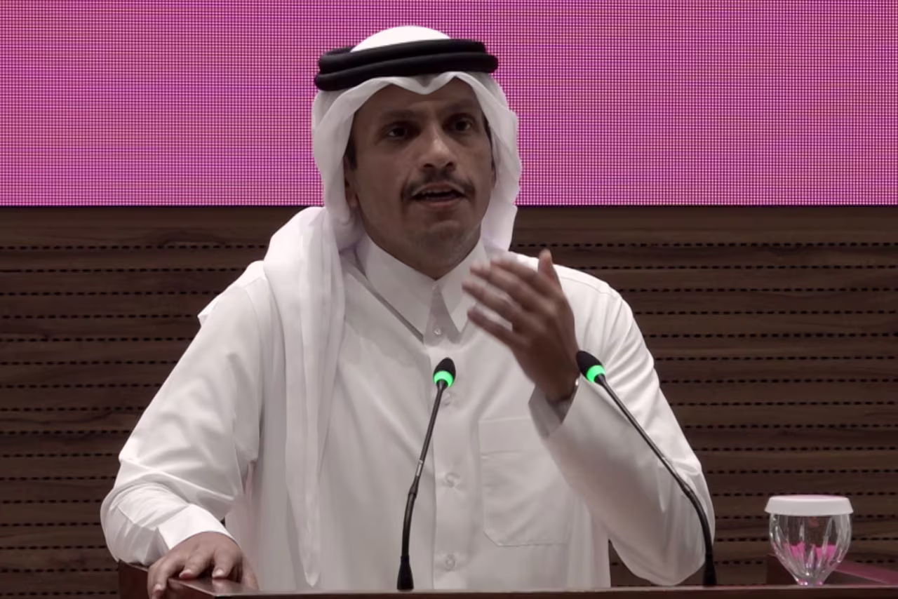 In this framegrab taken from video Qatar Prime Minister and Foreign Minister Sheikh Mohammed bin Abdulrahman bin Jassim Al Thani addresses the press in Doha, Qatar, on September 9.