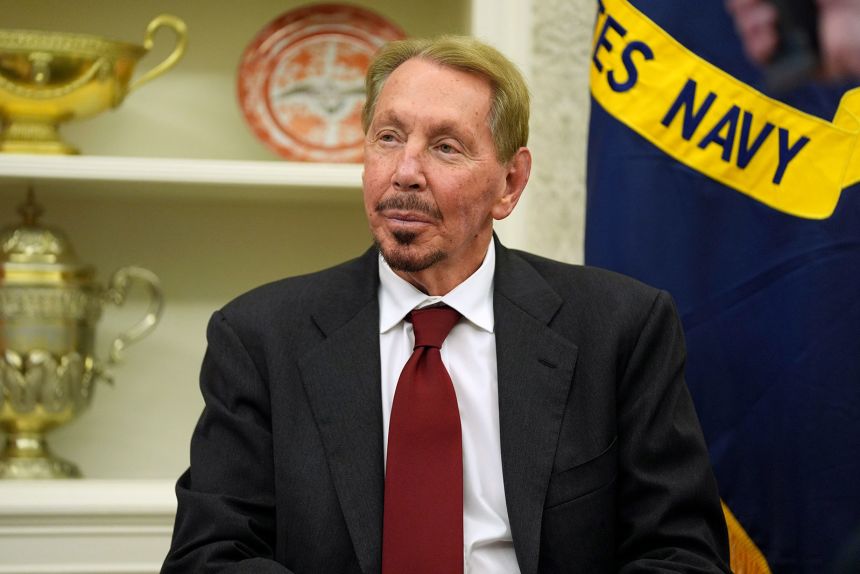 Larry Ellison, the Oracle chairman, sits in the Oval Office of the White House as President Donald Trump signs an executive order on February 3, 2025, in Washington.