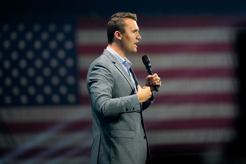 Turning Point USA Founder Charlie Kirk speaks before Donald Trump arrives at the Turning Point Believers' Summit in West Palm Beach, Florida, on July 26, 2024.