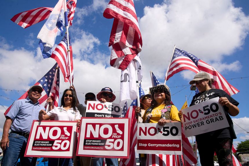 Opponents of California Proposition 50, also known as the Election Rigging Response Act rally in Westminster, California, on September 10, 2025.