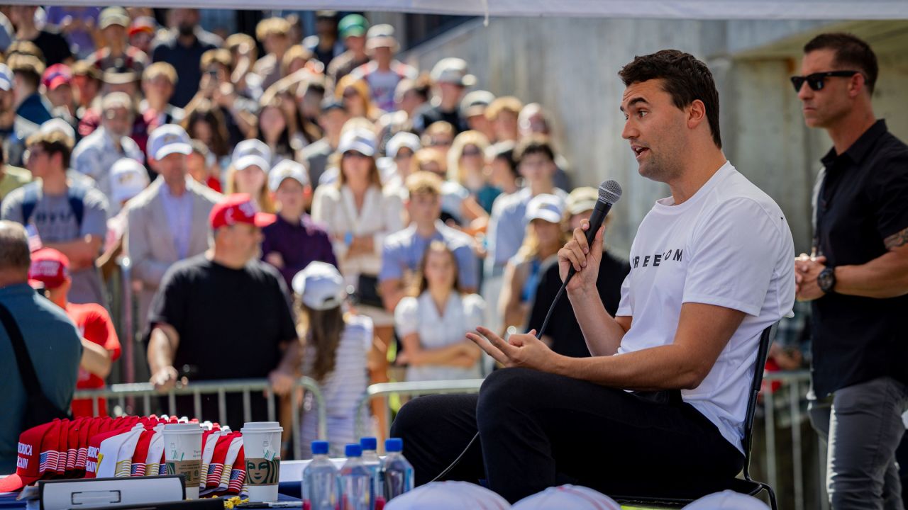 Charlie Kirk speaks before he is shot during Turning Point's visit to Utah Valley University in Orem, Utah, Wednesday, Sept. 10, 2025. (Tess Crowley/The Deseret News via AP)