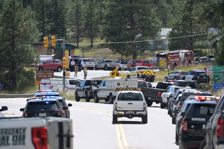 Law enforcement and emergency personnel respond to a shooting at Evergreen High School on Wednesday in Evergreen, Colorado.