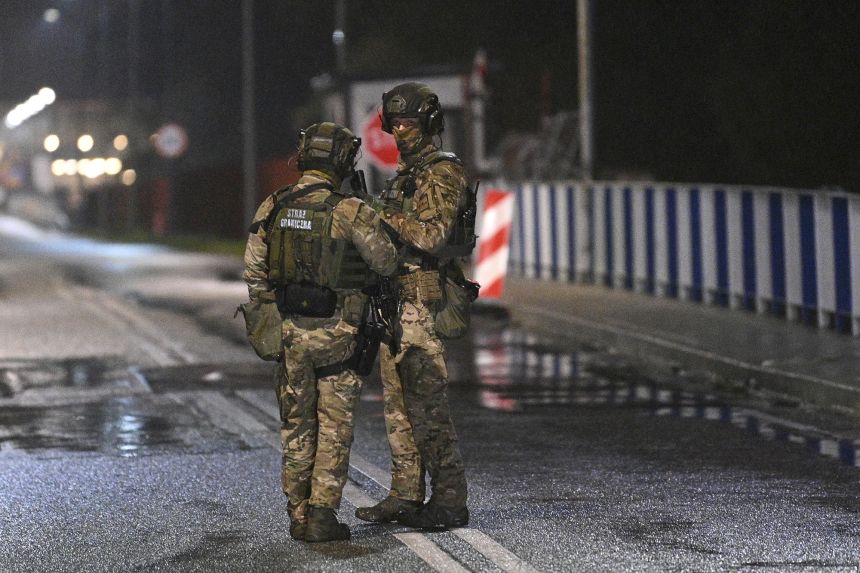 Polish border guards patrol at the Warsaw bridge crossing point on the Belarusian-Polish border, Belarus, amid concern in Europe over recent interceptions of Russian drones in Polish airspace, on Thursday, September 11.