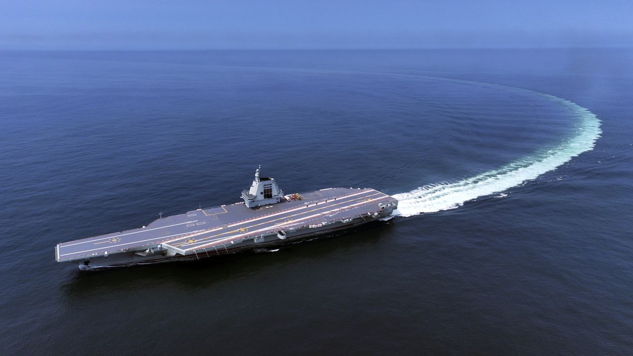 China's third conventionally powered aircraft carrier, the Fujian, conducts a maiden sea trial on May 7, 2024.