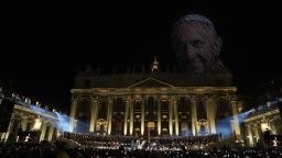 An image of Pope Francis made by drones, hovers over the basilica in St. Peter's Square during a concert marking the conclusion of the World Meeting on Human Fraternity, at the Vatican, Saturday, Sept. 13, 2025.