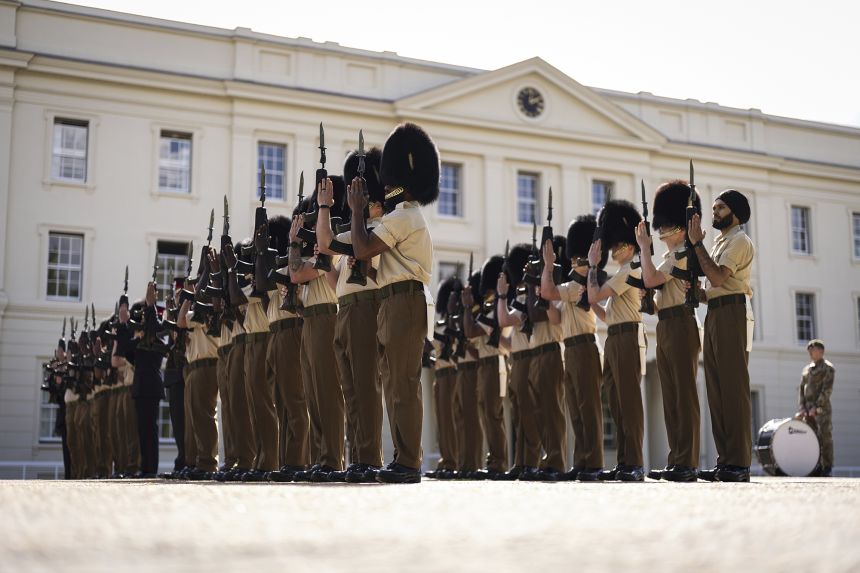 Members of the Grenadier Guards, Coldstream Guards, Scots Guards and military bands from the Army and Royal Air Force rehearse ahead of President Donald Trump's state visit,