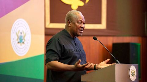 FILE - Ghana's President John Mahama speaks to the media at the Jubilee House in Accra, Ghana, Sept. 10, 2025. (Ghana Presidency via AP, File)