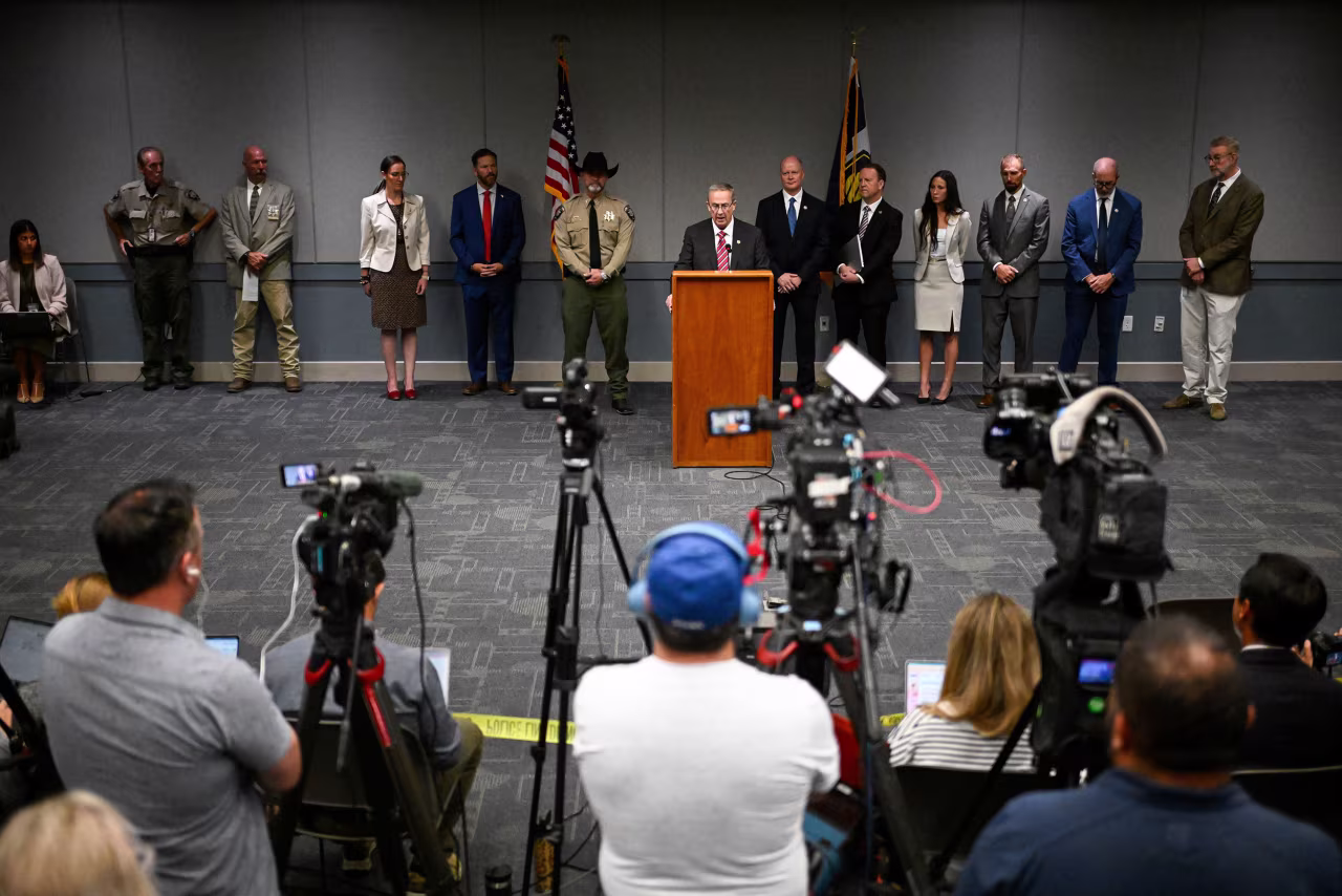 Utah County Attorney Jeff Gray speaks during a news conference on Tuesday in Provo, Utah.