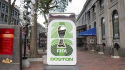 BOSTON, MA - SEPTEMBER 16: A general view of the FIFA World Cup 2026 countdown clock with the FIFA World Cup 26 Boston logo next to Quincy Market in Boston on September 16, 2025.