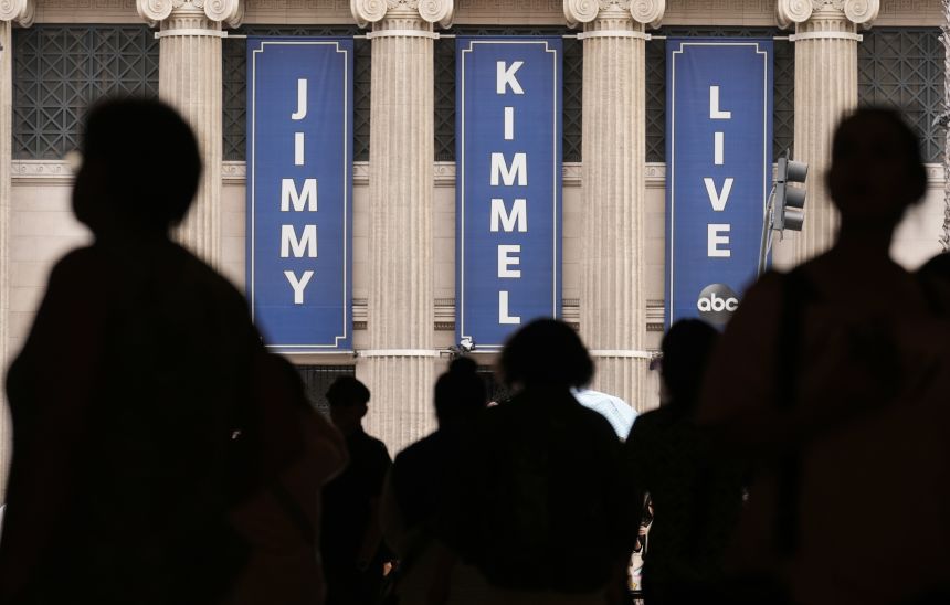 People walk by the Jimmy Kimmel Live studio on Hollywood Blvd., Wednesday, Sept. 17, 2025, in Los Angeles.