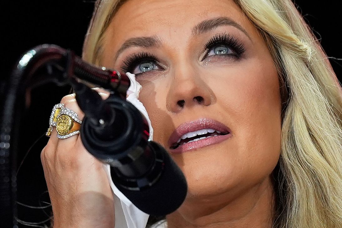 Erika Kirk speaks at a memorial for her husband, Charlie Kirk, in Glendale, Arizona, on Sunday.
