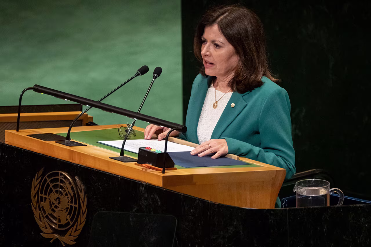 Andorra's Minister of Foreign Affairs Imma Tor Faus speaks at the United Nations Headquarters on Monday.