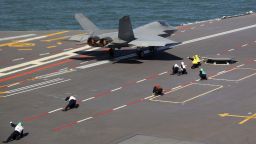 In this undated photo released on September 23, 2025, by Xinhua News Agency, a J-35 stealth fighter jet takeoff from China's third conventionally powered aircraft carrier, the Fujian as they conduct the electromagnetic catapult-assisted takeoff training at an undisclosed location.