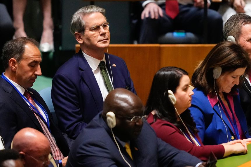 United States Secretary of the Treasury Scott Bessent, second from left, attends the 80th session of the United Nations General Assembly, Tuesday, Sept. 23, 2025, at UN headquarters.