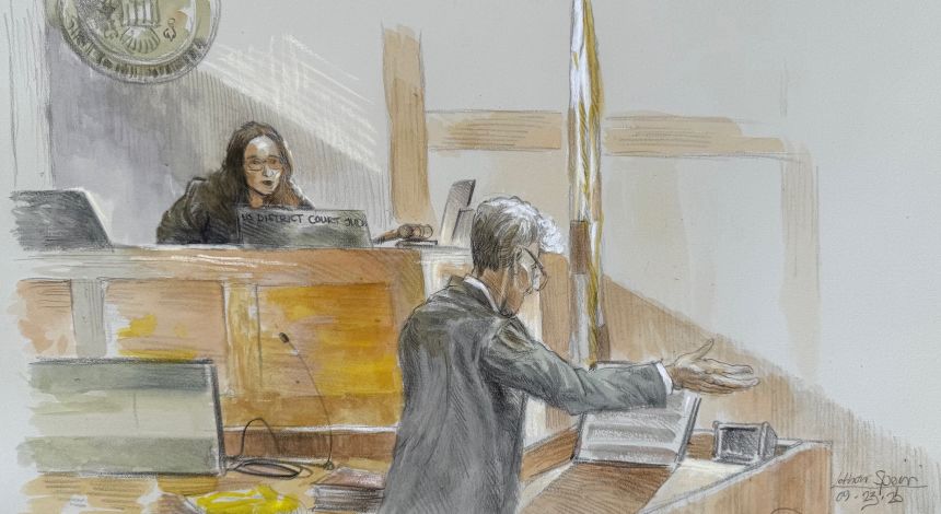 This courtroom sketch shows US District Judge Aileen Cannon listening to Ryan Routh during his trial in Fort Pierce, Florida, on Tuesday.