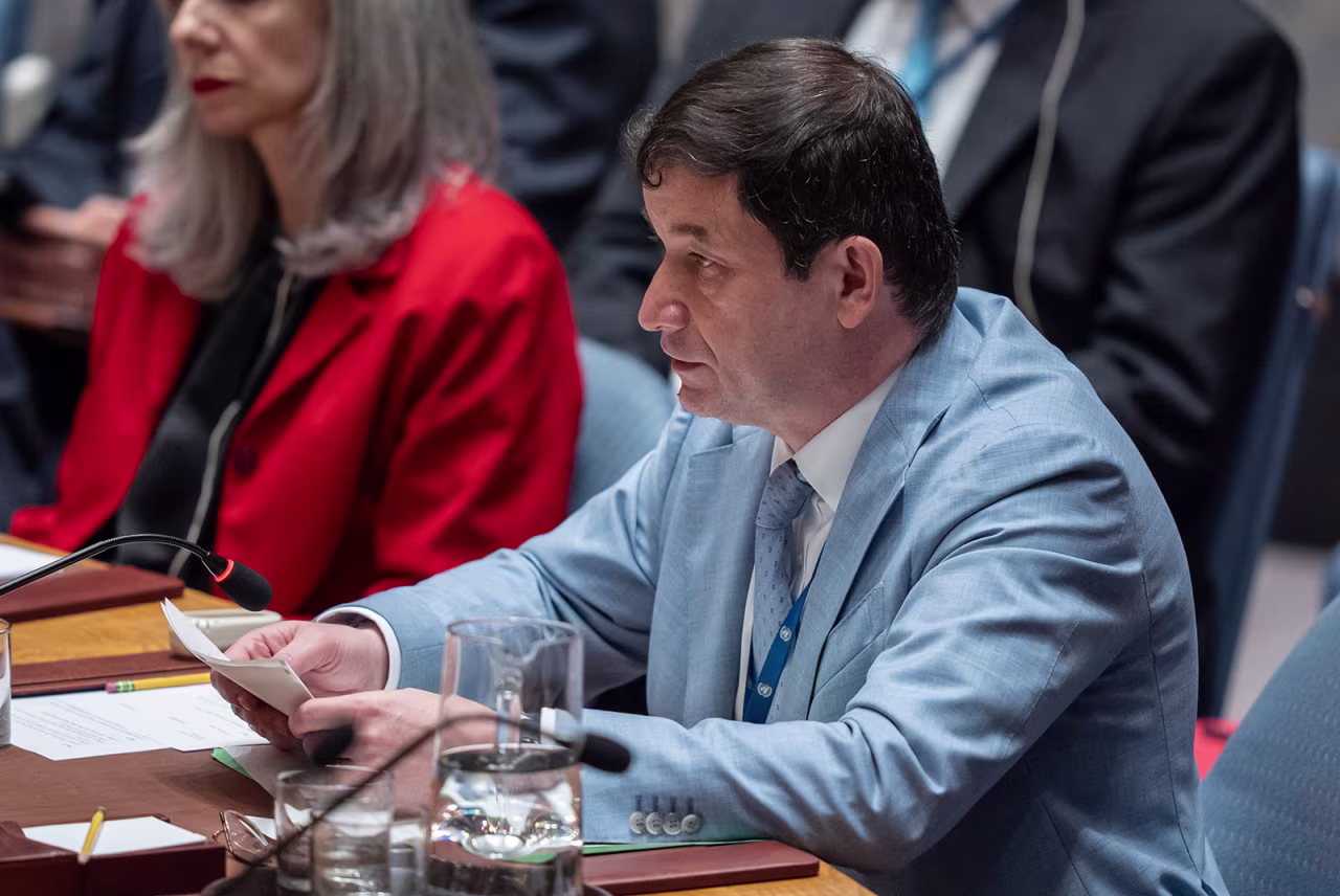 Russia's First Deputy Permanent Representative to the United Nations, Dmitry Polyanskiy, speaks during a Security Council meeting on Tuesday.