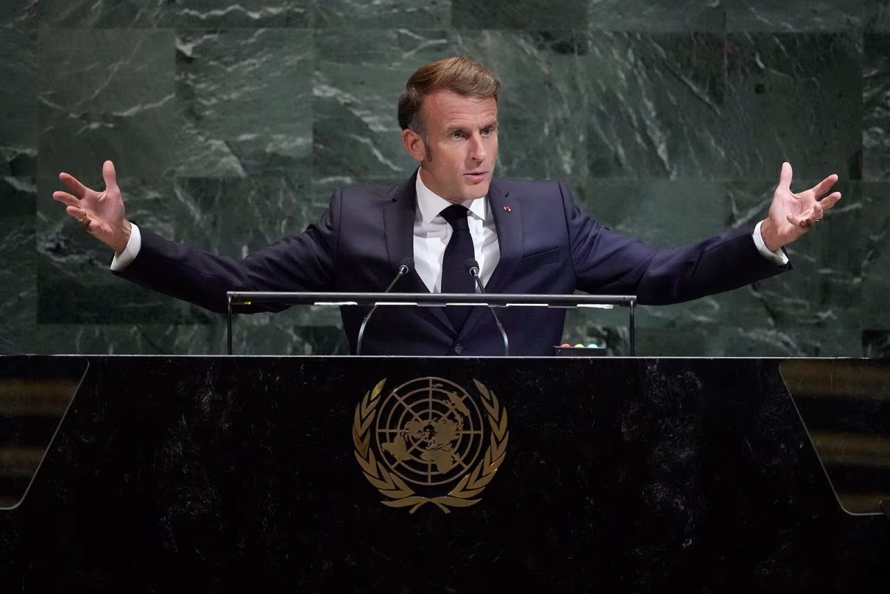 President of France Emmanuel Macron addresses the 80th session of the United Nations General Assembly on Tuesday.