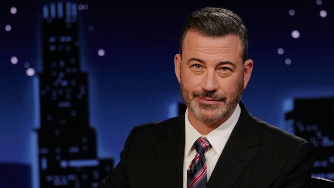 This image released by Disney shows Jimmy Kimmel hosting his late night show "Jimmy Kimmel Live!" in Los Angeles on Tuesday, Sept. 23, 2025. (Randy Holmes/Disney via AP)