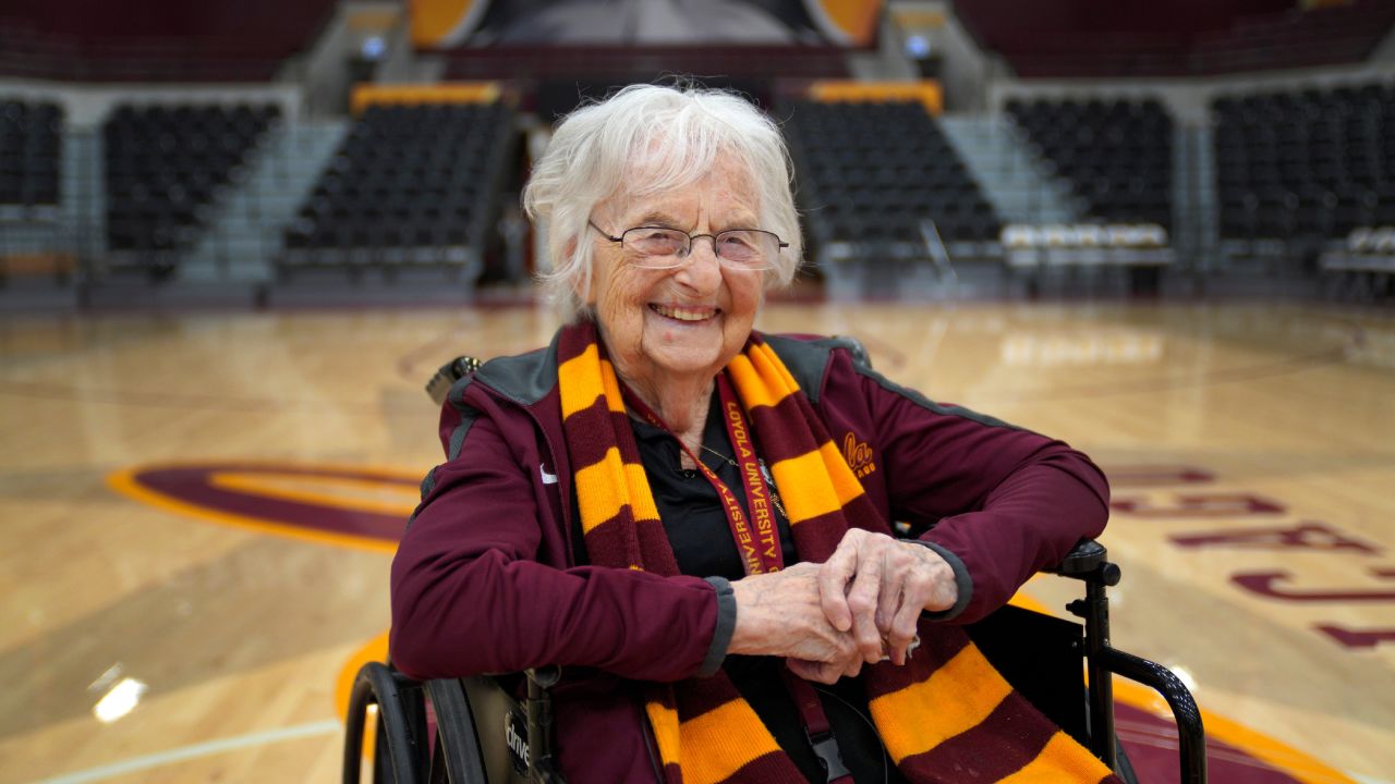 Sister Jean Dolores Schmidt, the Loyola University men's basketball chaplain and school celebrity, sits for a portrait in The Joseph J. Gentile Arena in Chicago, on Monday, January 23, 2023,.