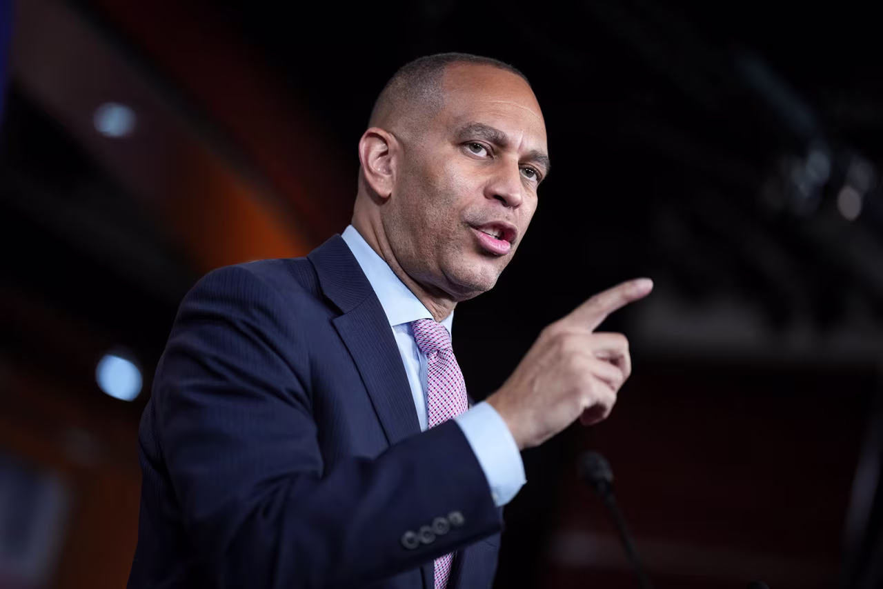 House Minority Leader Hakeem Jeffries meets with reporters at the Capitol in Washington, DC on Thursday.