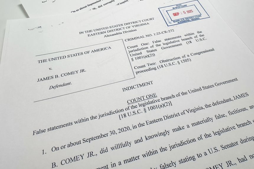 The indictment of former FBI director James Comey is photographed Thursday, Sept. 25, 2025, in Washington. (AP Photo/Jon Elswick)