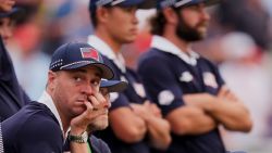 United States' Justin Thomas watches on the 18th hole at Bethpage Black golf course during the Ryder Cup golf tournament, Saturday, Sept. 27, 2025, in Farmingdale, N.Y. (AP Photo/Seth Wenig)