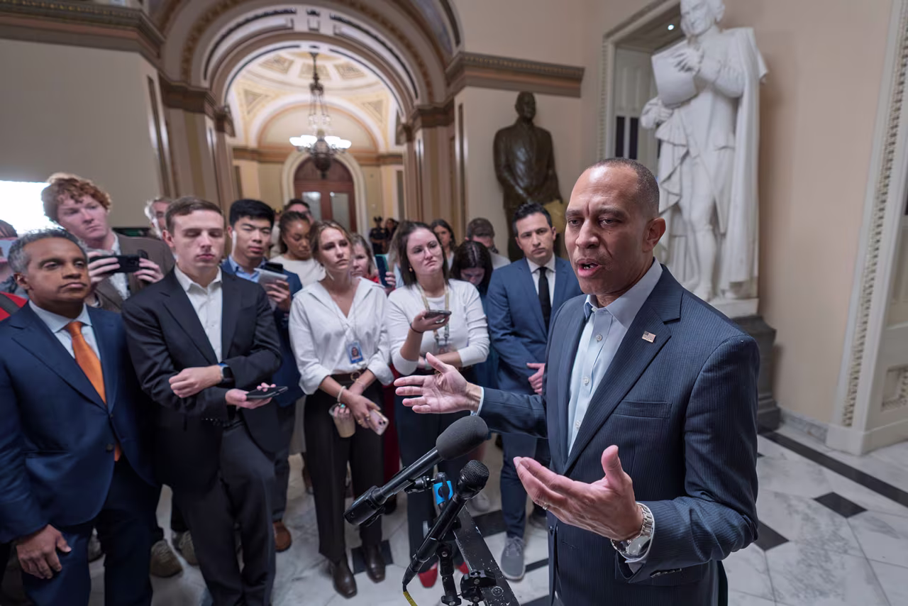 House Minority Leader Hakeem Jeffries speaks with reporters before he and the top congressional leaders went the White House to meet with President Donald Trump on the looming government funding crisis, at the Capitol in Washington, DC, on Monday.