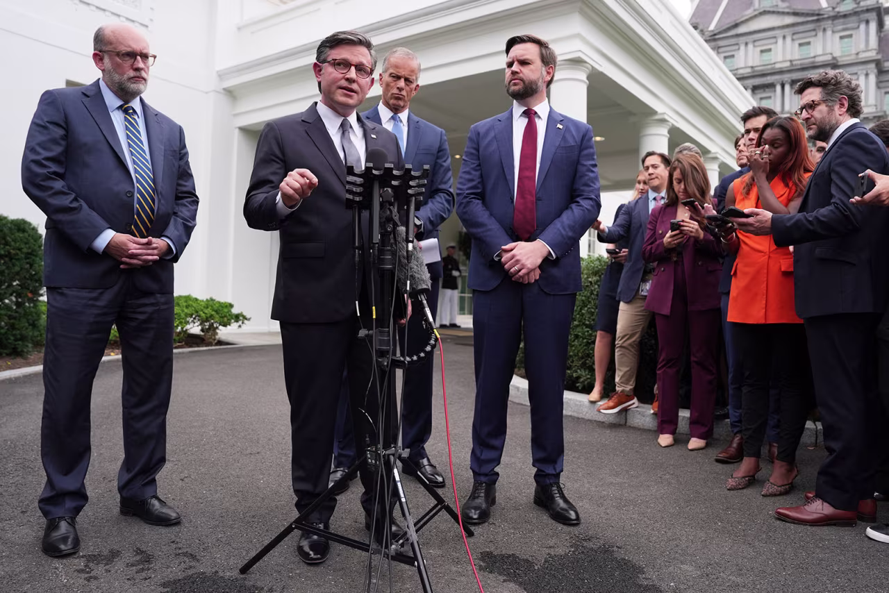 House Speaker Mike Johnson, speaks alongside Russell Vought, Office of Management and Budget director, from left, Senate Majority Leader John Thune, and Vice President JD Vance, as they address members of the media outside the West Wing at the White House on Monday.