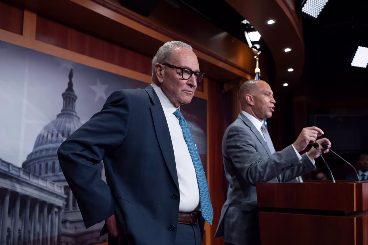 Senate Minority Leader Chuck Schumer, and House Minority Leader Hakeem Jeffries talk with reporters following their meeting with President Donald Trump and Republican leaders on the government funding crisis, at the Capitol on Monday.