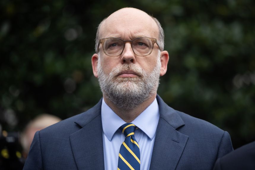 Office of Management and Budget Director Russell Vought attends a press conference at the White House, on Monday.