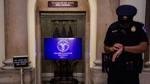A television screen plays a looped video blaming Congressional Democrats for the government shutdown, in the hallway that leads to Speaker of the House Mike Johnson's office in the US Capitol, on Thursday.