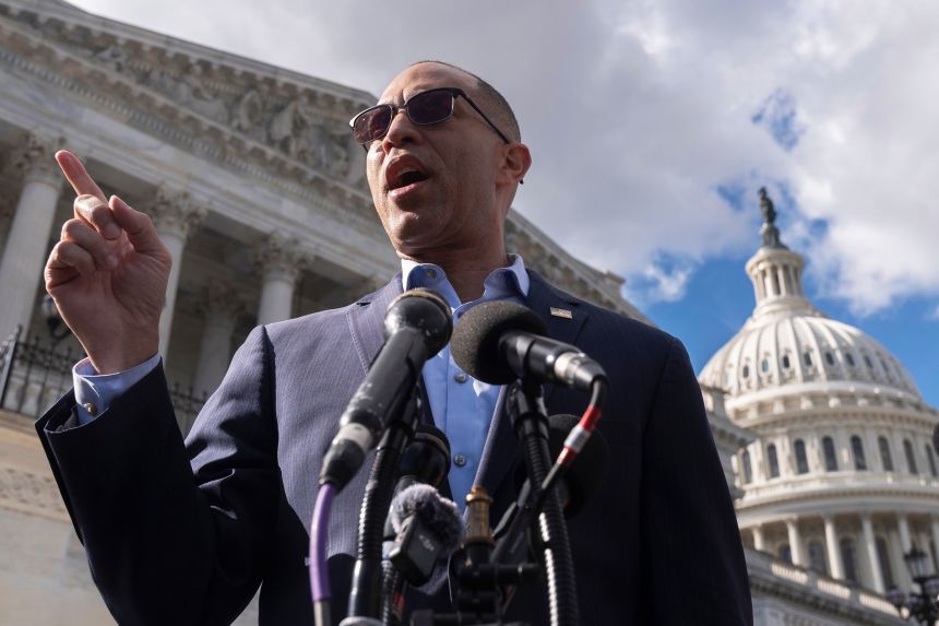House Minority Leader Hakeem Jeffries speaks to reporters on Capitol Hill, on Thursday.