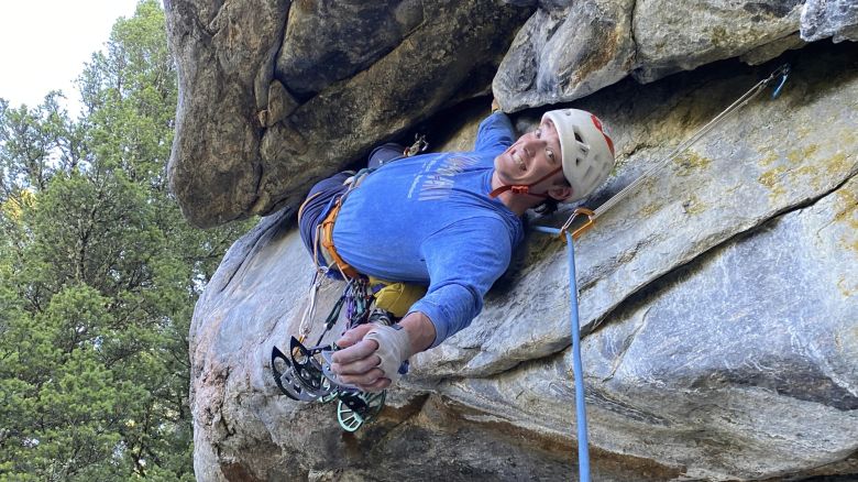 This photo courtesy of Dylan Miller shows Alaskan climber Balin Miller climbing the route "Croc’s Nose" at Crocodile Rock in Hyalite Canyon near Bozeman, Montana, on September 29, 2024.