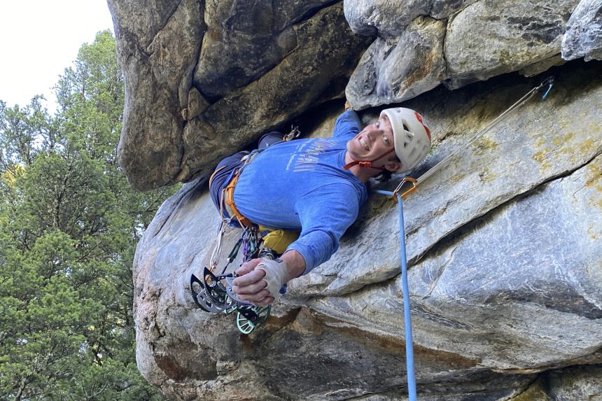 Balin Miller climbs the "Croc’s Nose" route in Montana's Hyalite Canyon.
