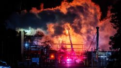 Flames rise from the Chevron refinery in El Segundo, California, on October 2, 2025.