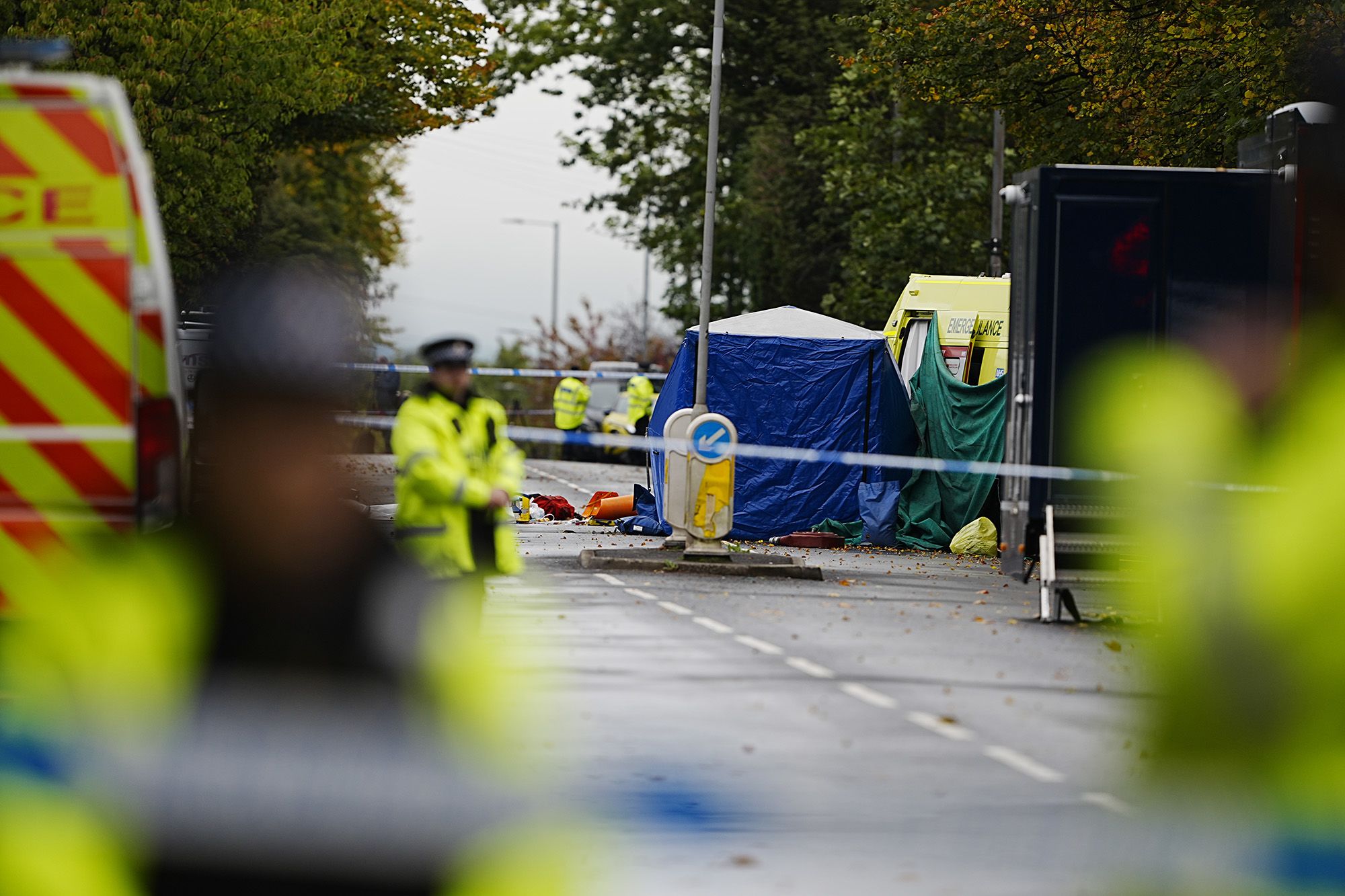 Police near Heaton Park Hebrew Congregation synagogue in Crumpsall, Manchester, where two people died in an attack.