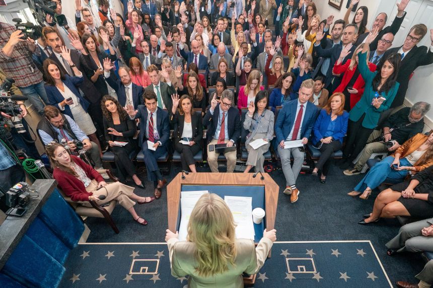 White House press secretary Karoline Leavitt speaks with reporters in the James Brady Press Briefing Room at the White House, on Friday.
