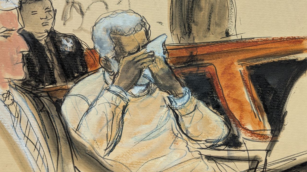 In this courtroom sketch, Sean 'Diddy' Combs breaks down and cries during the playing of a video about his life during his sentencing hearing in Manhattan federal court in New York on October 3, 2025.